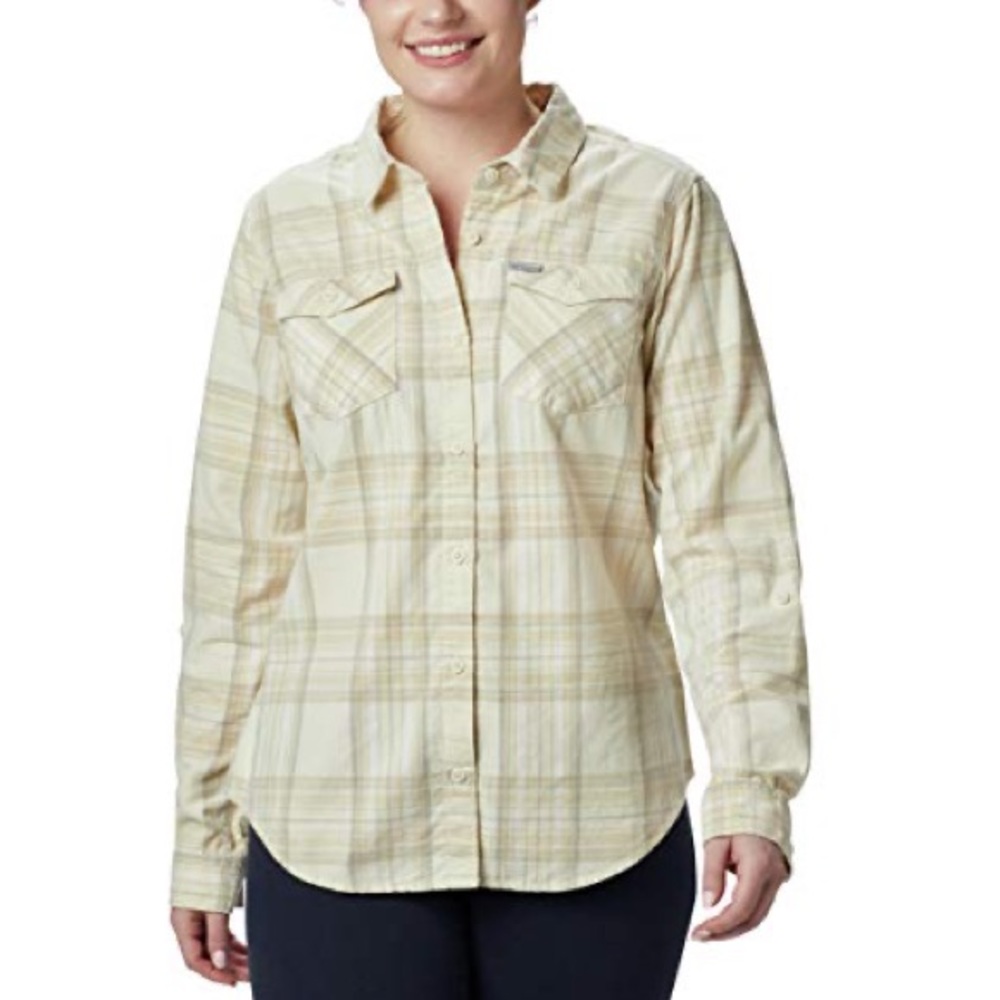 Columbia Silver Ridge Chalk Yellow Plaid Long Sleeve Corduroy Shirt Size XL